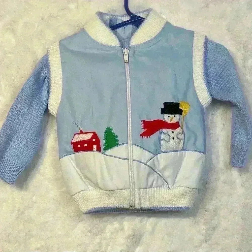 Vintage Baby Boy Two Piece 12 Month Sweater & Vest Classic Winter Theme Snowman